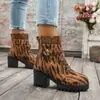 Botas Curtas de Salto Alto com Renda e Estampa de Leopardo Novas para o Inverno de 2025 para Mulheres Exportação Transfronteiriça Salto Grosso Tamanho Grande Botas com Cadarço