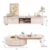 Mesa de Té de Pizarra para Sala de Estar, Color Crema, Modelo Nuevo 2025 para Apartamento Pequeño Moderno, Lujo Ligero, Simple, Mesa de Café Extensible, Taburete, Ratán