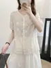 Camisa Bordada em Renda Estilo Coreano Gola Redonda Manga Curta Feminina 2026 Verão Nova Solta Estilo College Tendência