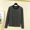 Nuevo top térmico de rayas de cuello redondo para otoño e invierno para mujer, engrosado, cálido, holgado, versátil, camiseta adelgazante