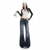 Nuevos pantalones vaqueros acampanados para mujer, estilo retro americano, adelgazantes, de cintura alta, hasta el suelo, lavados, desgastados, en azul oscuro y gris
