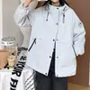 Jaqueta parka bicolor para mulheres, primavera e outono 2026, nova jaqueta corta-vento casual popular de corte solto com capuz