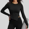 Novo Top Esportivo Juyitang Cor Sólida com Fenda e Gola Redonda para Yoga, Manga Longa, Feminino, Solto, Respirável, para Fitness, Corrida
