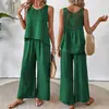 Amazon Ropa de Mujer Transfronteriza Europea y Americana Conjunto Casual de Dos Piezas de Algodón y Lino con Espalda Calada + Pantalones de Pierna Ancha