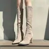 Botas de camurça damasco de bico fino com salto alto para mulheres, novo estilo outono/inverno 2025, botas elásticas de ajuste justo, salto grosso, botas de cano alto