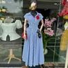 Ropa Femenina Transfronteriza Europea y Americana Nueva Colección Primavera 2026 Estilo Elegante Solapa Rayas Cintura Alta Longitud Media Manga Corta Vestido