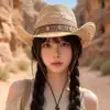 Chapéu de Palha Estilo Étnico Western Cowboy para Mulheres, Chapéu de Palha de Aba Larga para Protetor Solar de Verão, Chapéu Jazz com Proteção Solar para Homens