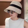 Chapéu de pescador de algodão e linho estilo japonês para mulheres, novo modelo de verão com tira preta, plissado, para proteger do sol, design artístico vintage, faz o rosto parecer menor, chapéu de proteção solar