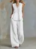 2026 Moda Casual Feminina Transfronteiriça Europeia e Americana Cor Sólida Decote V Franzido Solto Sem Mangas Calça Longa Casual Conjunto de Duas Peças
