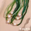 Colar com Pingente Menta Mambo Verde Nicho Europeu e Americano com Contas de Aço Inoxidável, Pérola de Água Doce Única e Cristais para Mulheres