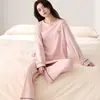 Pijama de algodón elástico de manga larga y pantalón largo de otoño, nuevo al por mayor para mujer, cuello redondo, se puede usar en el exterior, conjunto de dos piezas para el hogar
