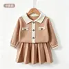 Conjunto de Punto con Cuello Estilo Coco Chanel para Niñas Pequeñas y Niños Pequeños Top Falda Plisada Dos Piezas Elegante Moderno Vestido de Princesa Niña