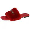Pantuflas peludas con hebilla metálica únicas y sofisticadas para mujer, adecuadas para usar al aire libre en otoño e invierno, sandalias planas tipo slip-on de pelo de conejo auténtico a la moda