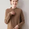 Cárdigan de cachemira pura, nuevo estilo otoño/invierno, corte holgado, cuello semi-alto, abotonado, longitud corta, suéter base, prenda exterior, top de manga larga