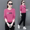 Conjunto de Sudadera con Cuello Redondo y Manga Larga, Estampado de Letras, Bloques de Color y Patchwork de Moda para Mujer, Primavera y Otoño, Tallas Grandes, Conjunto Casual Elegante de Dos Piezas