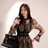 Vestido de Renda Vazada Patchwork Transfronteiriço 2026 Novo Estilo Coreano Elegante Longo Moda Cintura Marcada Base de Renda