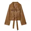 Venta Caliente Transfronteriza AliExpress Nuevas Llegadas Primavera 2026 Chaqueta Corta de Cuero de Manga Larga Doble Botonadura Decoración con Cinturón Solapa
