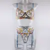 En Stock Varsbaby Marca Independiente Europea y Americana Lencería Sexy Bordada para Mujer + Tanga Cinturón de Ligueros Sujetador Conjunto de Tres Piezas