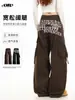 Pantalones Cargo Rectos Estilo Retro Americano Oreeta Unisex Estampado de Letras Street Hip-Hop Multibolsillos Pierna Ancha Casuales