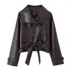Moda europea y americana transfronteriza para mujer, bestseller de AliExpress: chaqueta corta de cuero retro de dos tonos cruzada con detalle de corbata