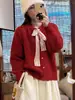Cardigan Suéter de Tricô Pelúcia com Cadarço, Gola Redonda e Botão de Coração, Manga Longa, Cor Sorvete, para Mulheres