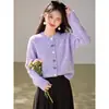 Suéter Feminino Manga Longa Roxo Suave Estilo Delicado Camada Solta Cardigã de Tricô Solto