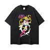 Camiseta Holgada Oversize Floral de Manga Corta con Estampado de Anime Japonés, Cuello Redondo, Mangas Largas