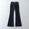 Atacado de calças jeans femininas compridas estilo europeu e americano, de cintura baixa, com leve boca de sino, elásticas e compridas até o chão