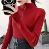 Camada Base Outono Inverno Feminina Gola Meia Alta Zíper Branco Malha Roupa Íntima Slim Fit Tricô Retrô Americano Preto