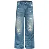 Jeans Reto Rasgado Lavado Estilo Retro Americano High Street Marca Moderna Masculina Jeans Pai Desbotado Desgastado Perna Larga Calças Longas