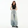 Jeans Feminino Wide-Leg Rasgado Lavado Estilo Streetwear Retrô Americano 2026 Primavera/Outono Novo Reto Solto Cintura Alta Azul Claro
