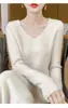 Suéter de tricô seamless de peça única para outono e inverno, suéter de tricô fashion com decote V para mulheres, suéter casual versátil multicor de manga longa para mulheres