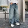 Jeans de alta qualidade com lavagem desgastada e rasgos para homens, nova marca da moda de outono, estiloso e descolado, calça de corte solto e comprimento até o chão