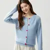 Suéter de cachemira con cuello redondo para mujer, estilo coreano simple, mangas largas raglán, capa base de punto, con diseño de botón en forma de corazón