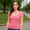 Camiseta cuadrada de manga corta transfronteriza para mujer, nuevo estilo básico casual simple, camiseta cuadrada de color liso estampada
