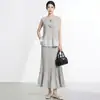 Traje de Moda de Gran Venta de Miyake para Mujer, Top Floral sin Mangas Adelgazante, Falda Elegante de Cola de Pez de Cintura Alta, Conjunto de Dos Piezas de Verano