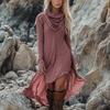 Moda Europea y Americana 2024 Transfronterizo Nuevo Aliexpress Exportación Color Puro Cuello de Pico Vestido de Manga Larga