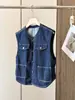 ¡Ponerse capas es imprescindible! Chaleco chaqueta de mezclilla azul vintage estilo ropa de trabajo, cuello redondo, sin mangas, corte ajustado