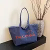 Bolsa Tote de Grande Capacidade Bolsa de Ombro Listrada em Ambos os Lados Bolsa de Lona Bordada Texturizada para Estudantes Universitários Bolsa de Trabalho Feminina