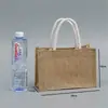 Bolsa de arpillera en blanco personalizada con cuerda de algodón pintada a mano, Bolsa de compras de yute de un solo hombro para bricolaje con cremallera, Bolsa de arpillera tipo tote con patchwork vintage