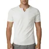 Camiseta de hombre transfronteriza con rayas verticales, cuello en V pequeño, elástica, estilo pullover, exportación europea y americana, casual, deportiva, color liso, manga corta