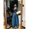 Jeans de Alta Qualidade Jeans Lavagem Eco-enzima Estilo Americano Cintura Alta Perna Larga Jeans Feminino Solto Comprimento Total Perna Crescente