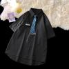 Camisa para hombre estilo Hong Kong, estilo coreano, moda de calle alta, elegante, camisa de media manga, negra, holgada, de marca de moda, para estudiantes