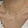 Collar de Plata de Ley S925 con Aguamarina y Cristal Rosa Estilo Coreano Simple Minimalista Moda Versátil Diseño de Nicho Cadena para Clavícula