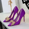 18249-H163 Sapato Feminino Salto Alto Bico Fino Salto Super Alto Estilo Europeu Laço com Strass Salto Agulha Sapatos Individuais Femininos