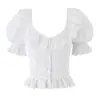 Camisa Blanca de Verano Nueva con Cuello de Encaje Dulce Estilo Francés, Mangas Abullonadas, Bordado Hueco, Top con Volantes Ajustado para Mujer