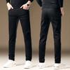 Calça Jeans Preta de Nove Pontos Hong Kong Primavera e Outono para Homens, Corte Slim, Elástica, Versátil, Forrada com Lã, Engrossada, Quente