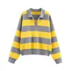 Outono Europeu e Americano Novo Feminino Casual Elegante Simples Listrado Gola Polo Tricô Tricô Jaqueta