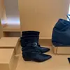 2026 Botas de Tobillo de Moda Nueva Estilo Coreano para Mujer, Hebilla de Cinturón Apilada, Punta Puntiaguda y Tacón Grueso, Botas de Moda de Gamuza para Verano