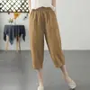 Pantalones de verano finos cropped para mujer talla grande, pantalones tipo harén adelgazantes para chicas talla grande, pantalones casuales blancos de pierna ancha de algodón y lino de cintura alta